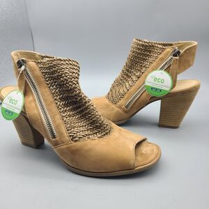 Paul Green Leilani Sandals Peep Toe Tan Leather Suede Sisal Heel Zipper Sz 8 New